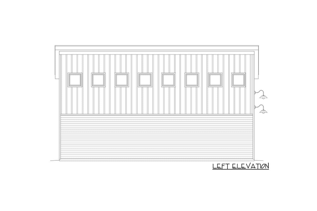Left elevation drawing showing vertical siding, horizontal siding, seven square windows, and two sconces.