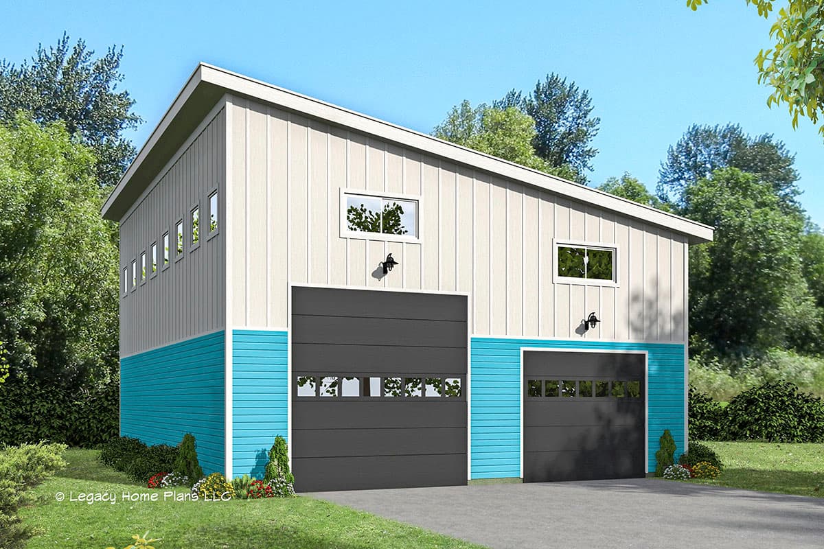 House plan exterior with modern styling featuring a shed roof, two garage bays, and vertically oriented siding. Windows include clerestory style.