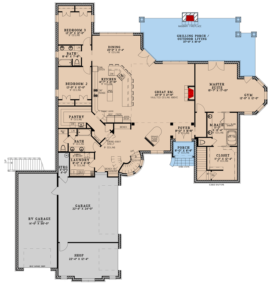 Plan 70774MK: Grand Home Plan with Circular Stair and an RV Garage - 4521 Sq Ft - Floor Plan - Main Level - Craftsman, European, Traditional