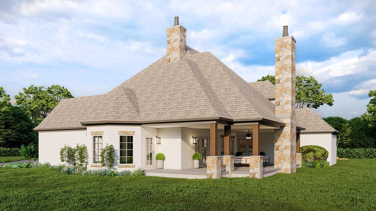 House plan exterior, one story, with a covered porch, prominent stone chimneys, and a multi-gabled roofline.