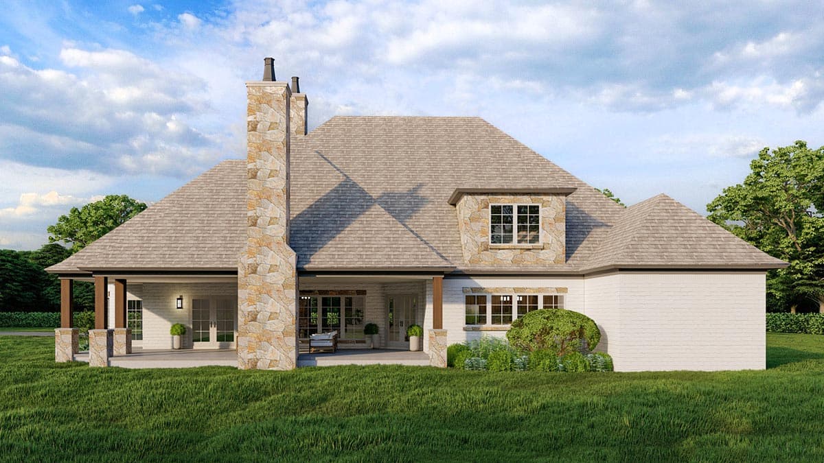 House plan exterior: Stone chimney, covered porch with wood columns, and dormer with stone accents.