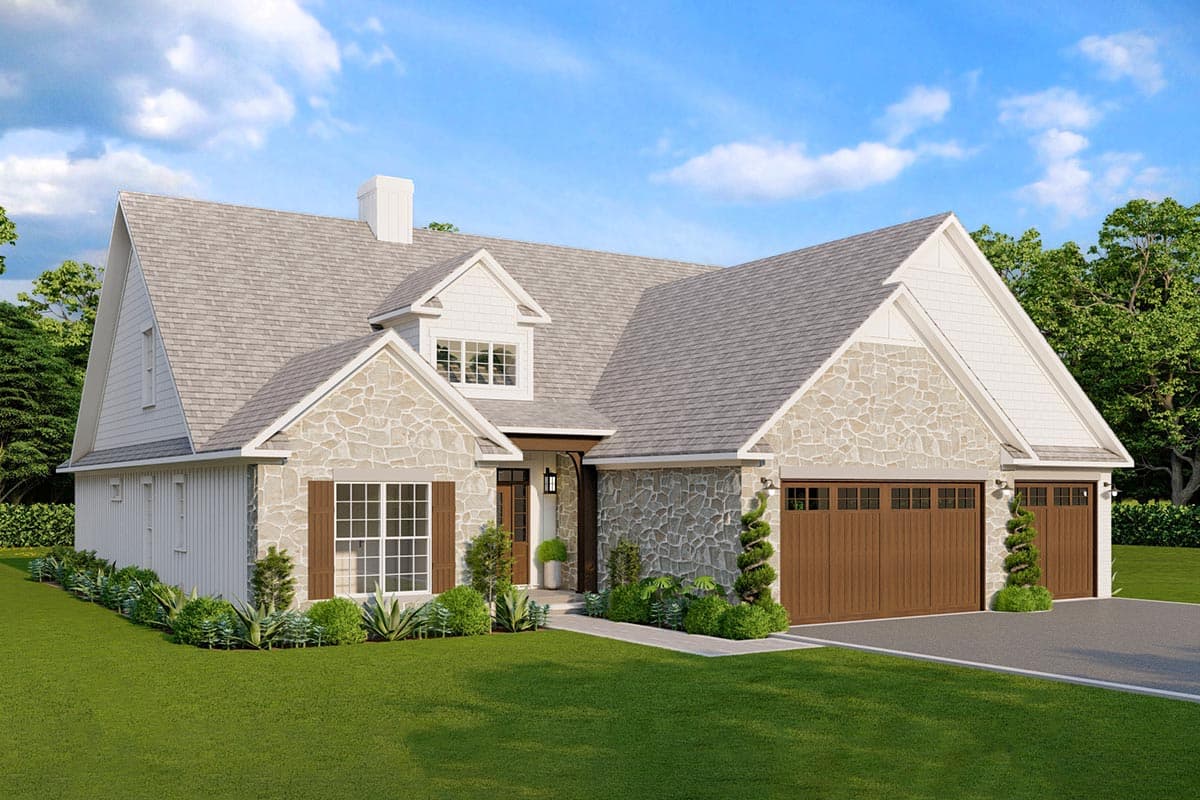 House plan exterior with stone veneer, gabled roof, and attached garage. Includes a dormer window, and an entry porch with dark wooden door.