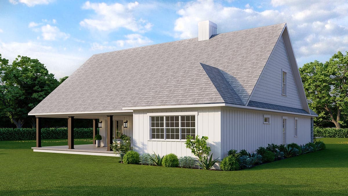 Modern Farmhouse house plan exterior with gabled roof, board and batten siding, and covered porch with square columns.
