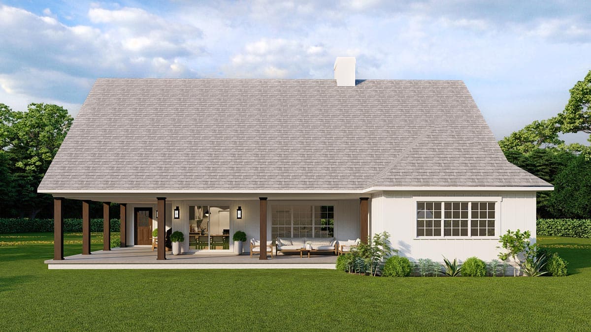 House plan exterior: Modern Farmhouse style, one story, with a large covered porch supported by dark wood columns and a prominent gable roofline.