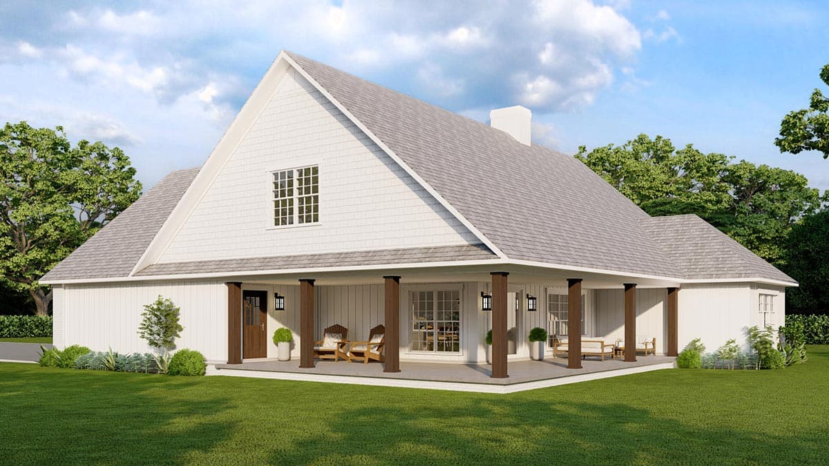 House plan exterior: Modern Farmhouse style, one story, prominent gabled front, large covered porch with square columns.