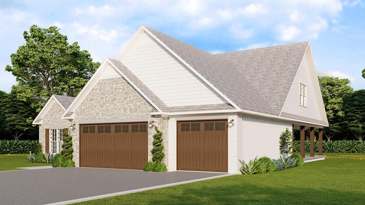 Exterior house plan with stone facade, gable roof, two garage doors, and covered porch.