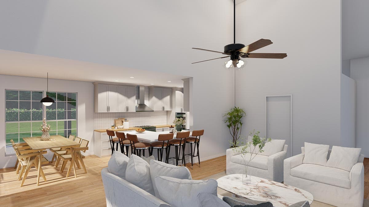 Open concept interior rendering of a great room and kitchen with a vaulted ceiling, large windows, and an island.