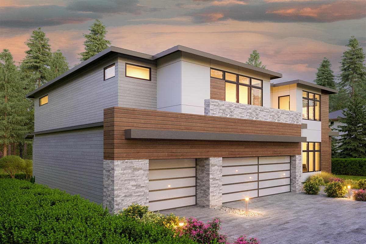 Modern house plan exterior with layered horizontal siding, stone accents, and a three-car garage with modern doors.