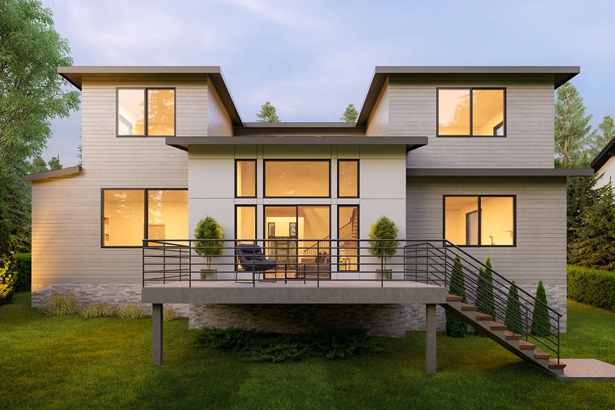 Modern two-story house plan exterior with multiple gables, a prominent deck, and large rectangular windows.