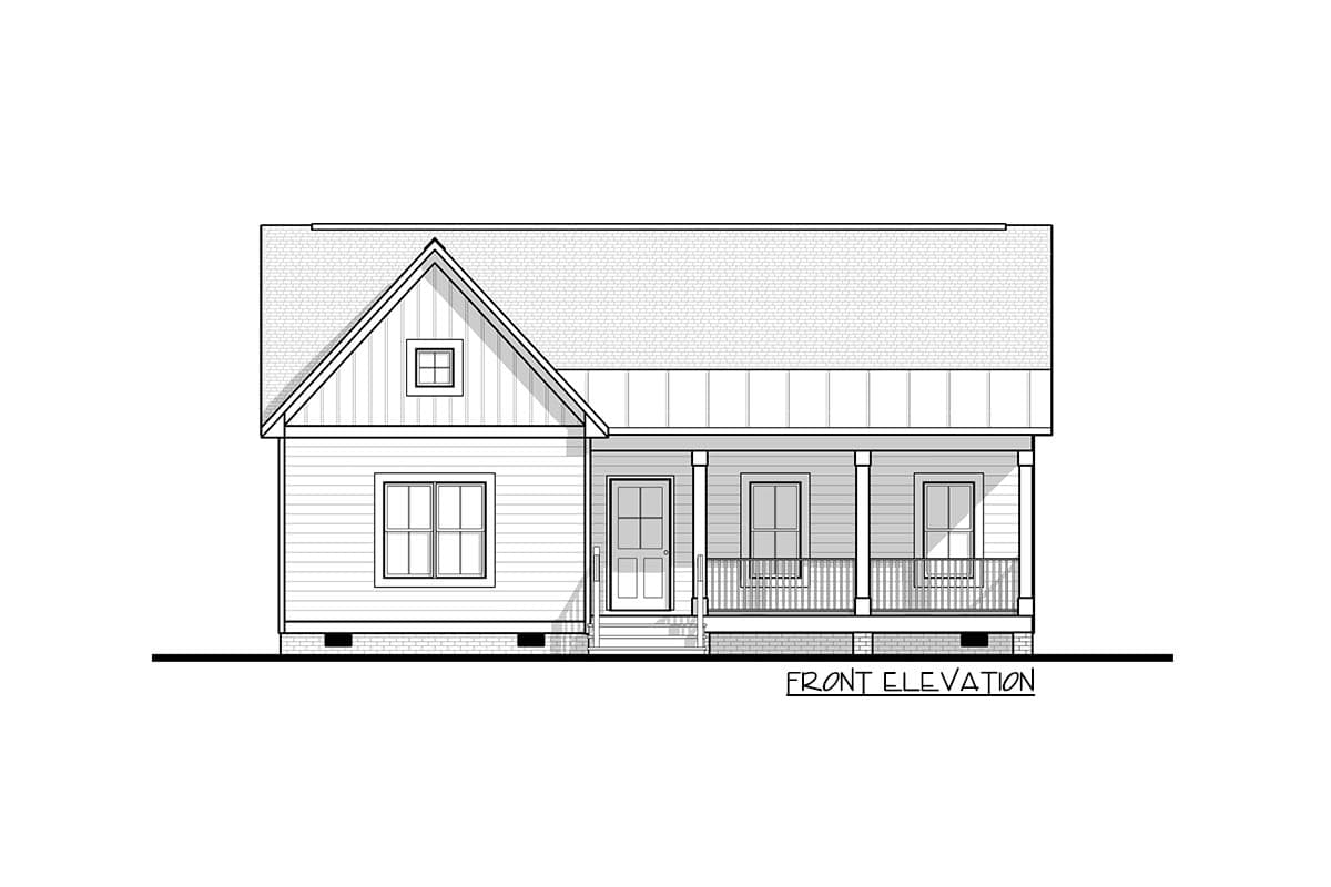 Front elevation house plan with a gable roof, front porch, and three windows.