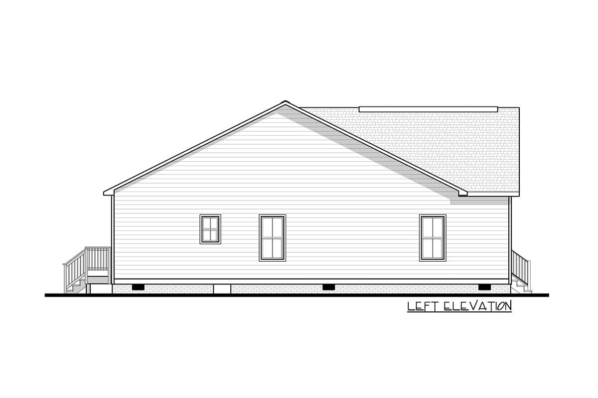 Left elevation drawing of a single-story house with a gable roof, horizontal siding, and three windows.