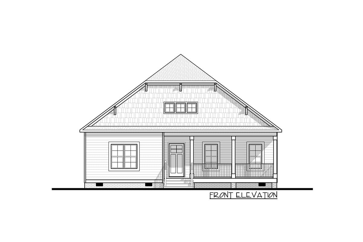 Front elevation of a one-story house plan with a gabled roof, dormer windows, and a covered porch with railings.