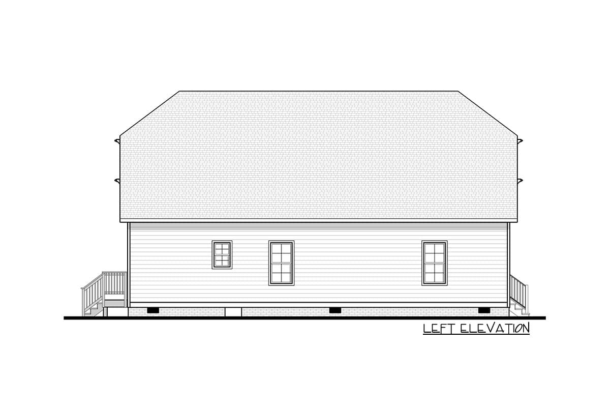 Left elevation of a house plan showing a gambrel roof, horizontal siding, and three windows. Includes a set of stairs on the left.