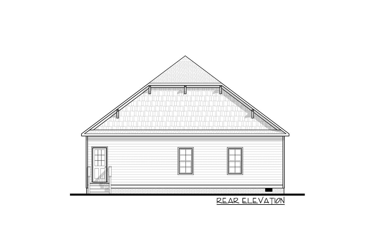 Rear elevation house plan drawing with a symmetrical gable roof, clapboard siding, door, and two windows.