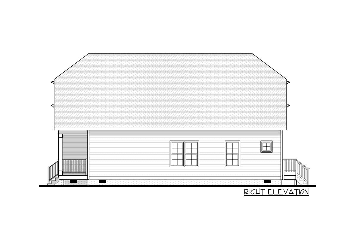 Right elevation house plan drawing showing a house with a hip roof, a covered porch, and double-hung windows.