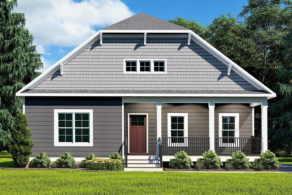 House plan exterior. Craftsman style, single-story home with a gabled roof and front porch supported by columns. Features three dormer windows.