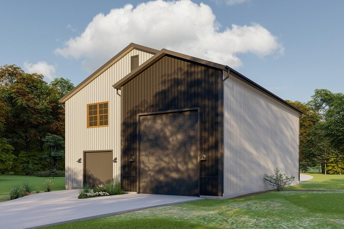 Modern barn house plan exterior with two garage doors, one large overhead door, and a second-story window.