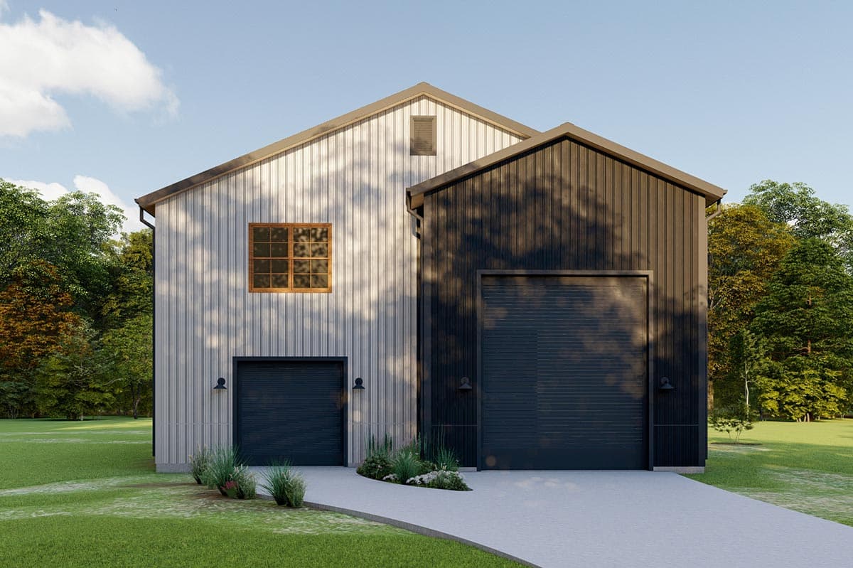 Modern farmhouse house plan exterior with vertical siding, two garages, one window, and gable rooflines.