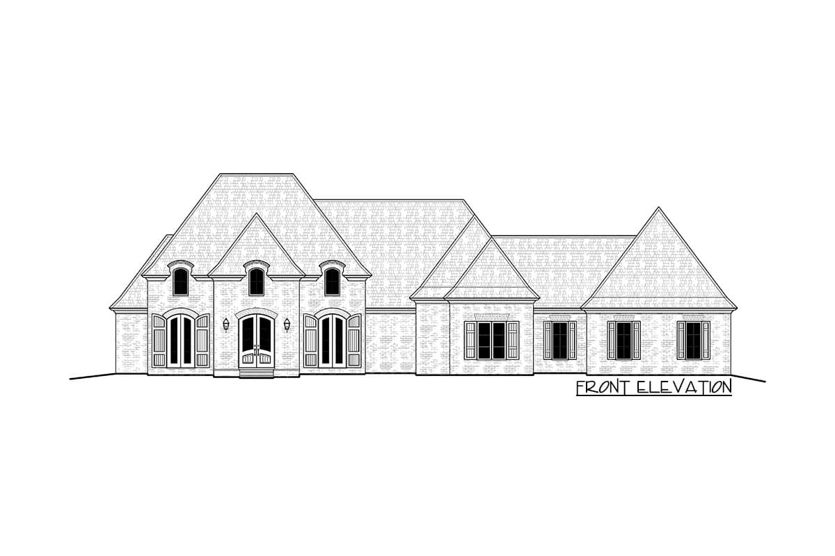 Front elevation drawing of a one-story house plan with dormers, arched windows, and multiple gables.