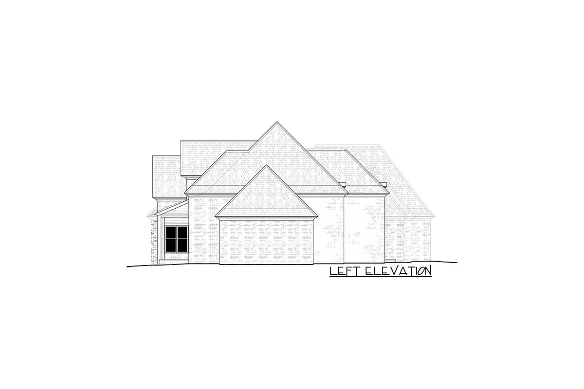 Left elevation drawing of a house with multiple gables, a prominent roofline, and a single window.