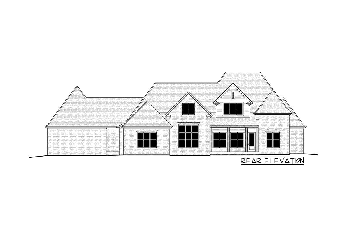 Rear elevation drawing of a two-story brick house plan with multiple gables and a covered rear porch.