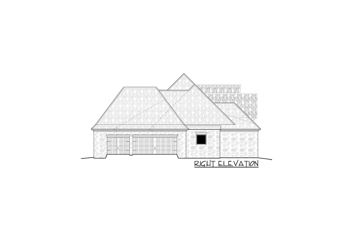 House plan right elevation showing a two-car garage, brick exterior, and varied rooflines.