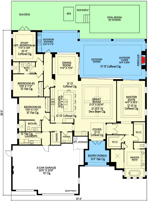 Plan 86104BW: Transitional Coastal Home Plan with 3 or 4 Bedrooms - 2964 Sq Ft - Floor Plan - Main Level - Coastal, Coastal Contemporary, Contemporary, European, Florida-Style, Mediterranean, New American, Transitional