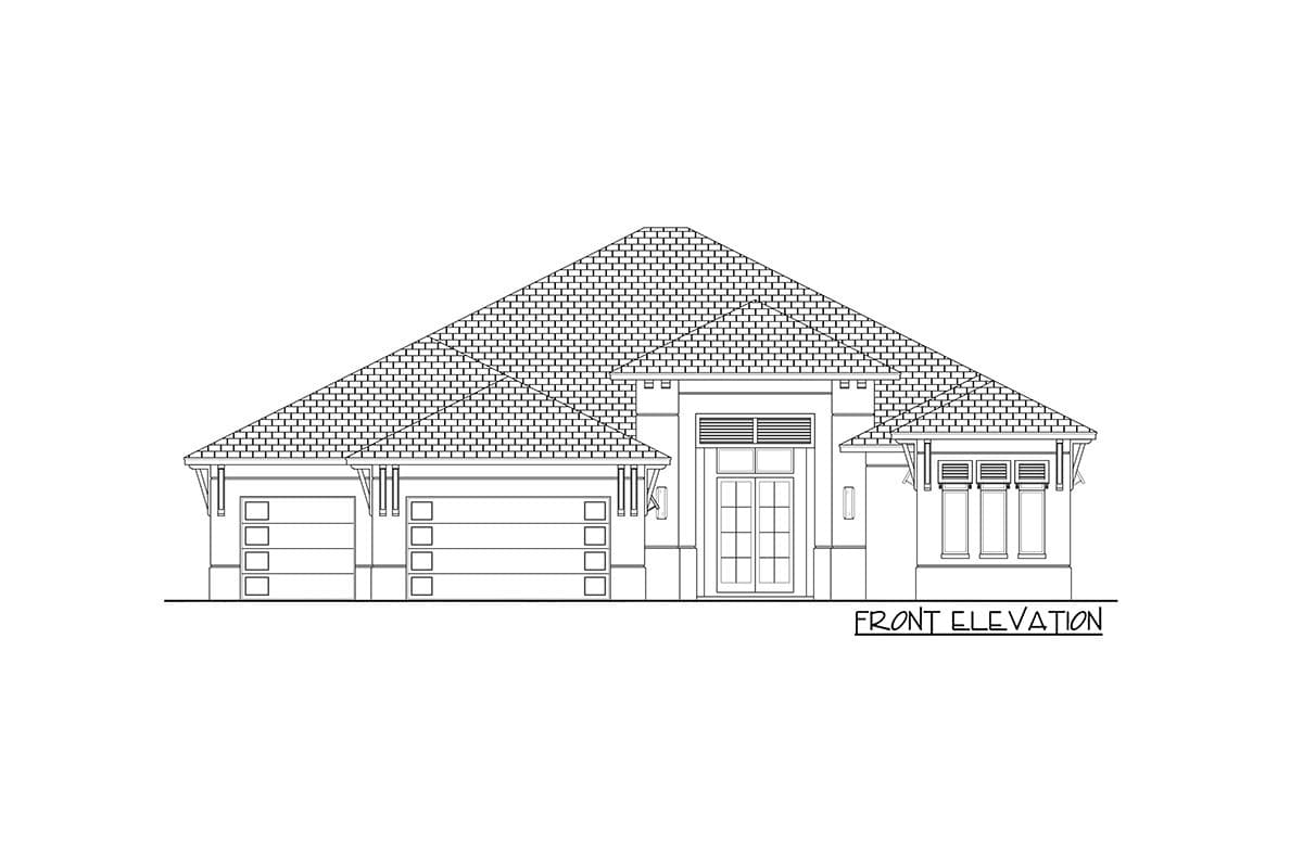 Front elevation house plan showing a single-story home with a large hip roof, a triple-bay garage, and a central entrance with double doors.