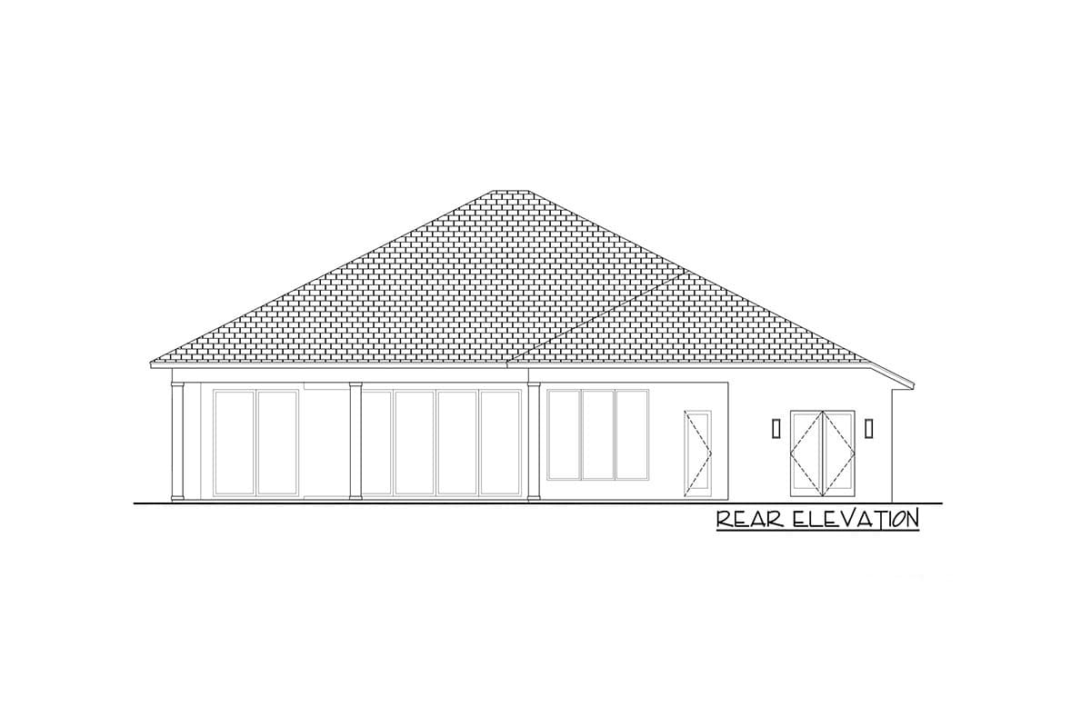 Rear elevation drawing of a house plan with a hipped roof, extensive glass doors, and a central door.