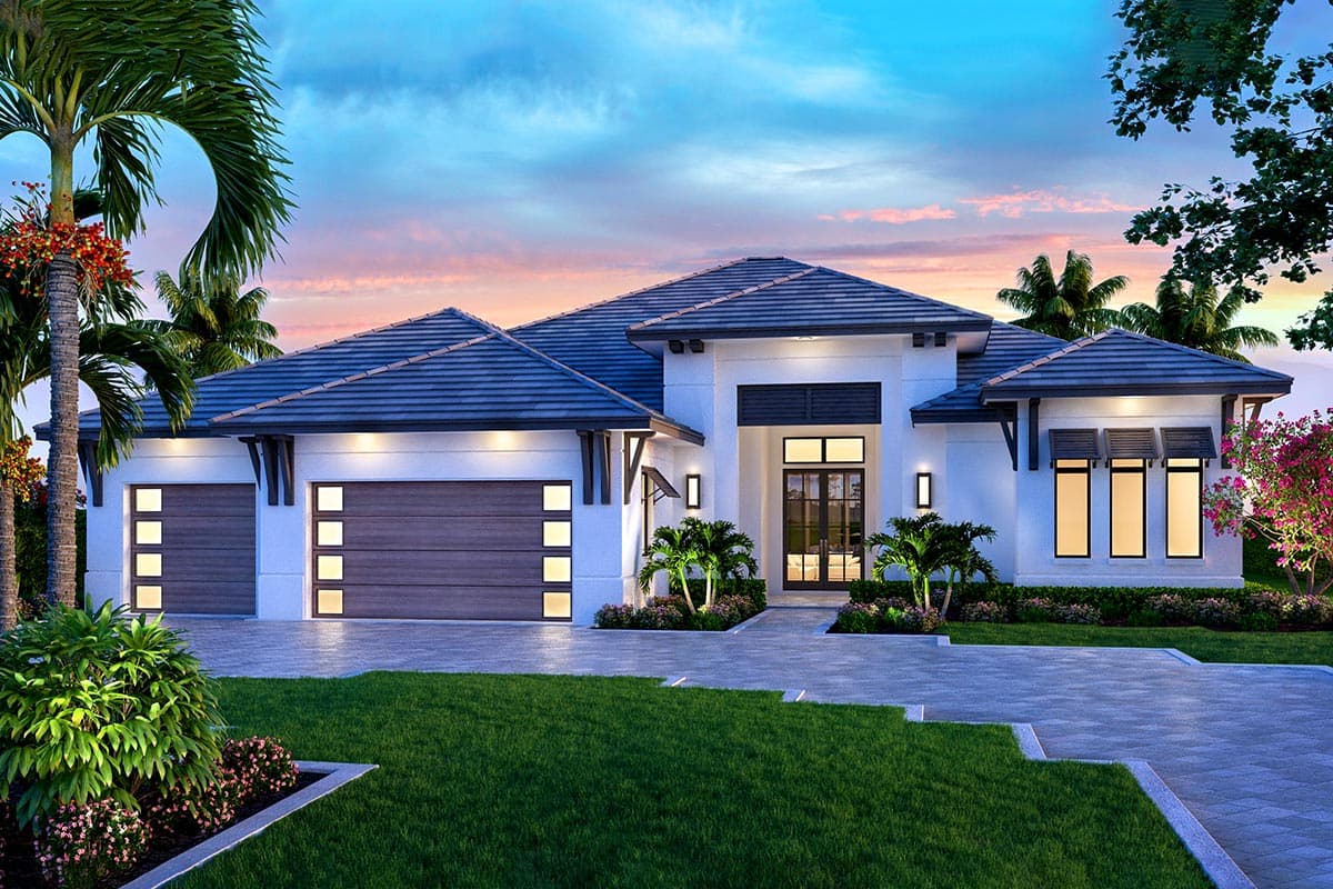 House plan exterior with modern design. Features include a hipped roof, attached garage with wood doors, and decorative brackets above the entry.