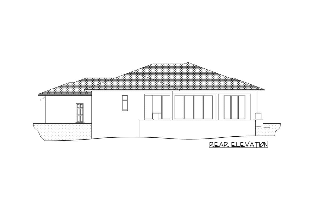Rear elevation drawing of a single-story house with a hipped roof, double door, and large windows.