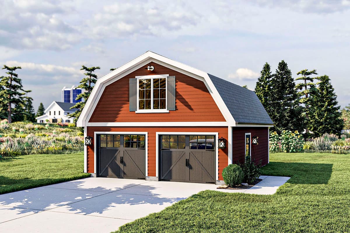 House plan exterior: Two-story barn-style garage with a gambrel roof, two garage doors, and a second-story window with shutters.