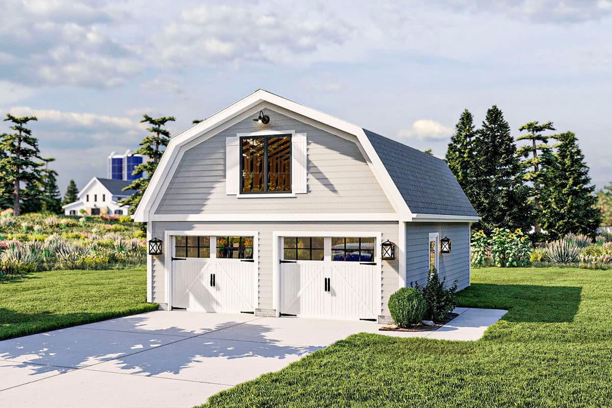 House plan exterior: Gambrel roof garage with two bays, white carriage doors, and upper dormer window.