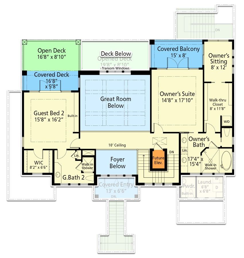 Plan 33242ZR: 3-Story Coastal Contemporary Home Plan with 2-Story Great Room - 3123 Sq Ft - Floor Plan - 2nd Floor - Beach, Coastal, Coastal Contemporary, Contemporary, Florida-Style, Low Country, Southern, Vacation