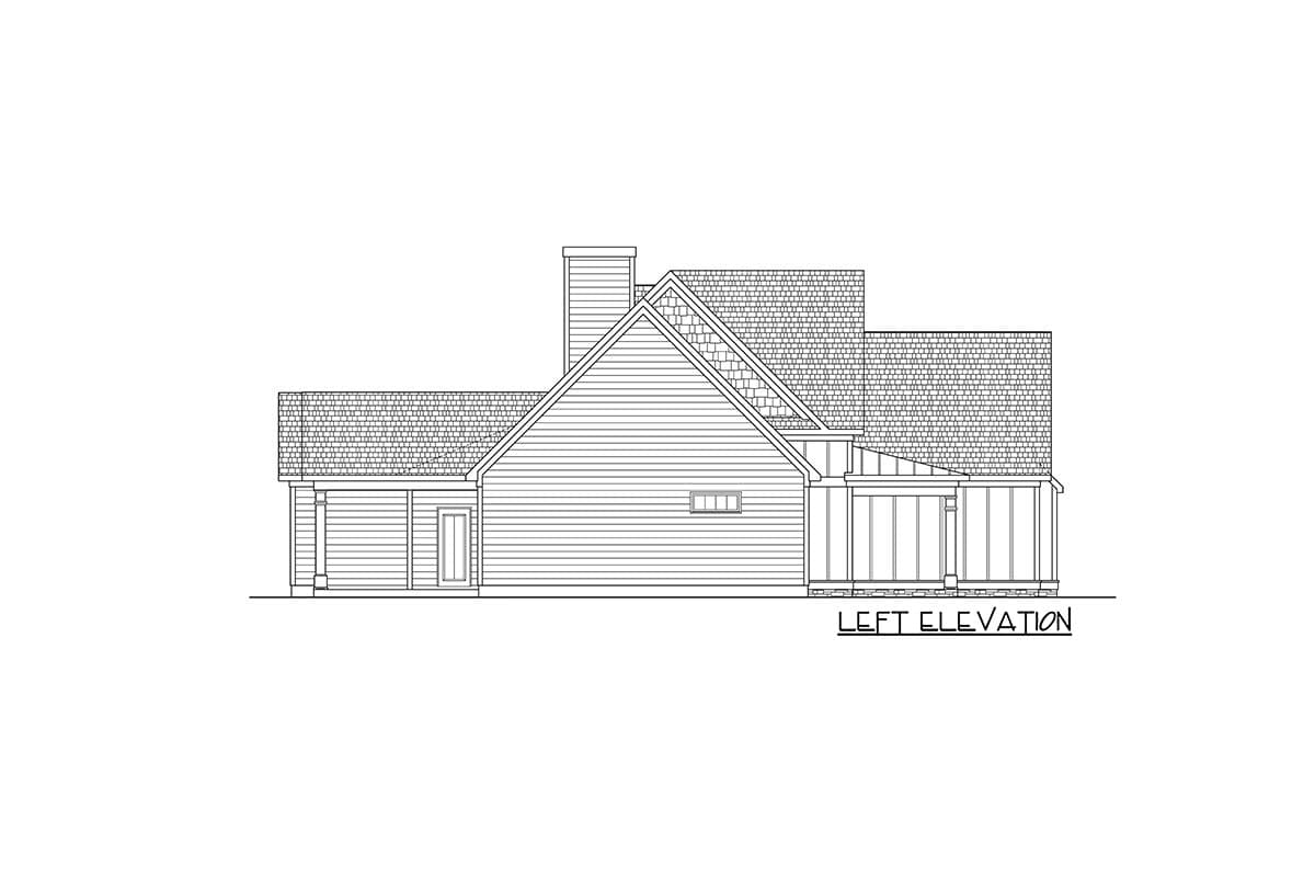 Left elevation of a house plan showing a gabled roof, dormer, chimney, and covered porch.