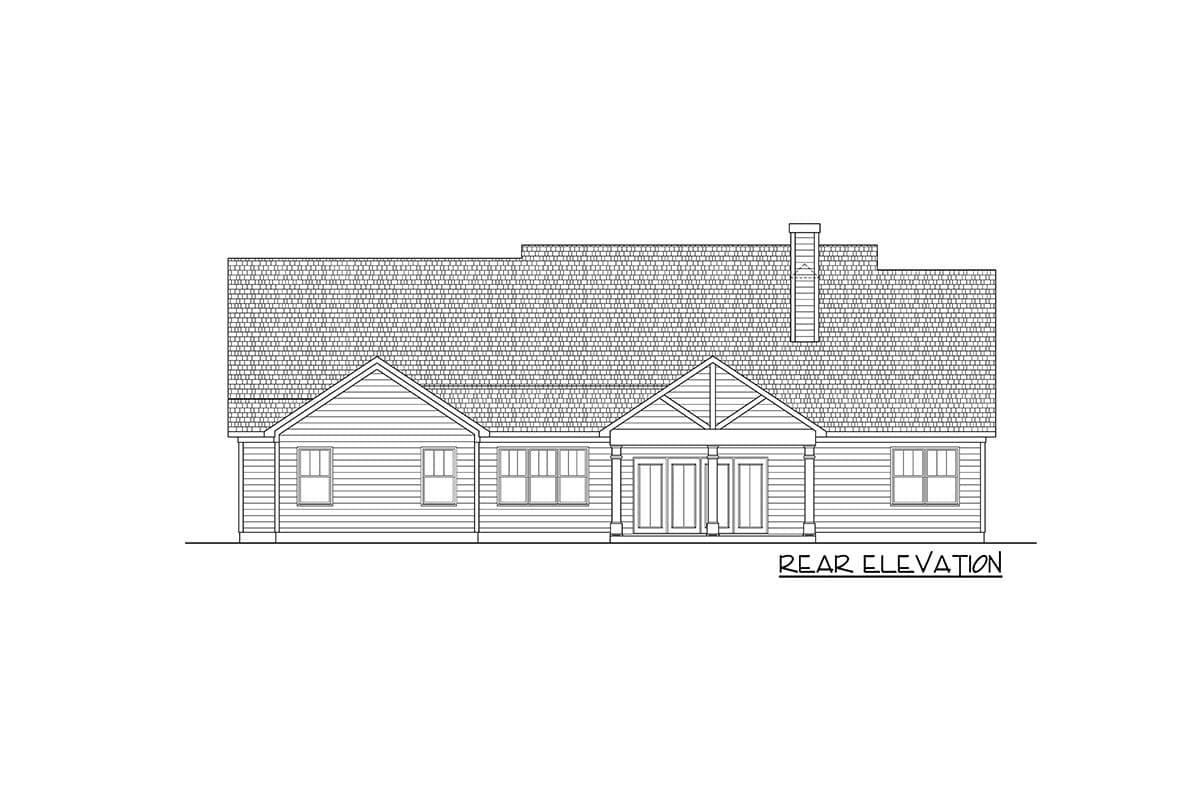 Rear elevation drawing of a house plan featuring a prominent gable with exposed beams and double doors.