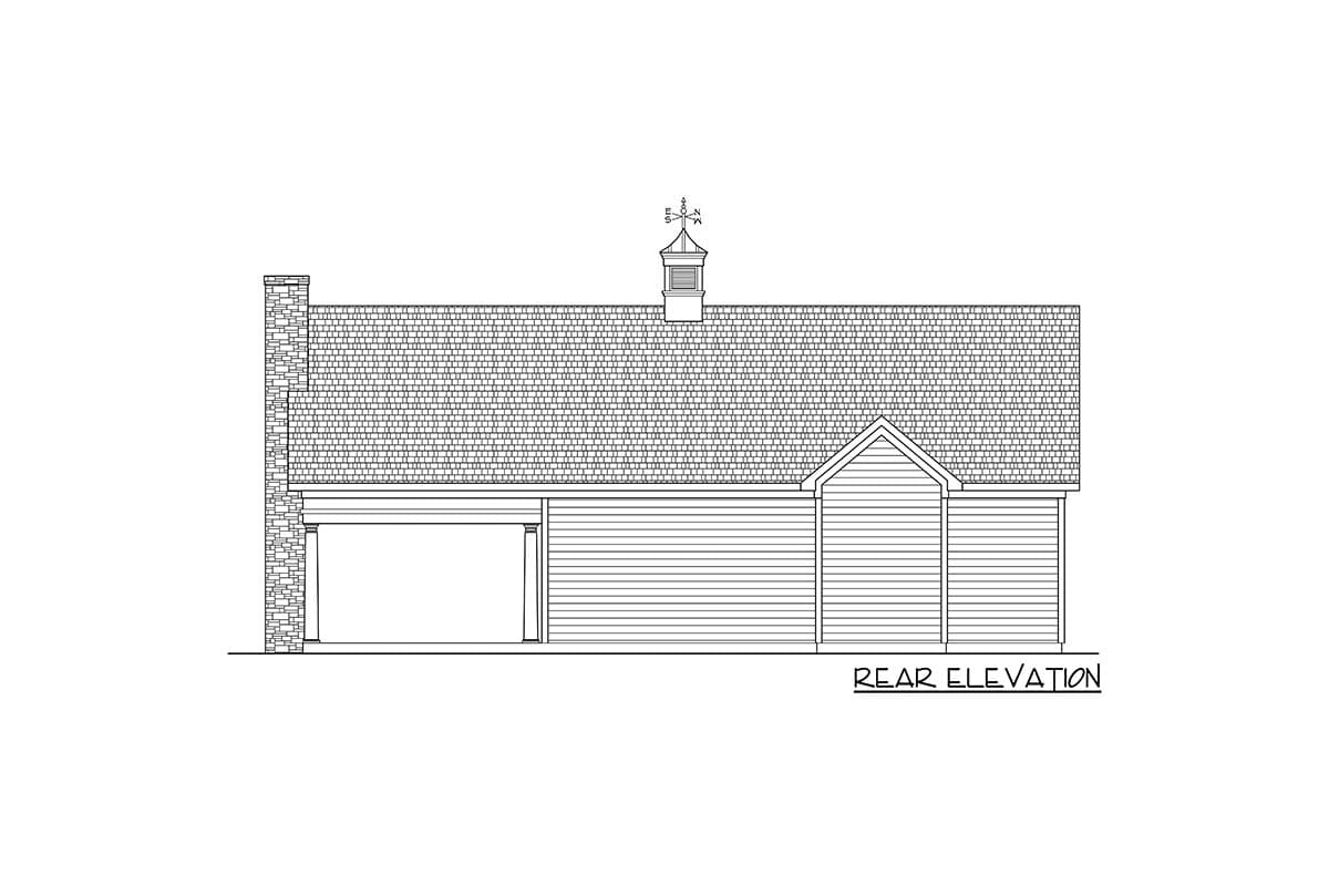 Rear elevation drawing of a house plan with a gabled roof, cupola, stone chimney, and horizontal siding.