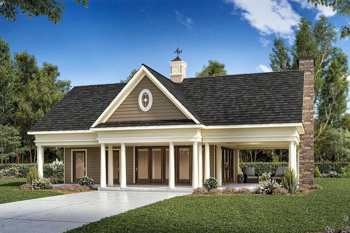 House plan exterior with a single story, covered porch with columns, a gable roof, and an oval window in the gable end.