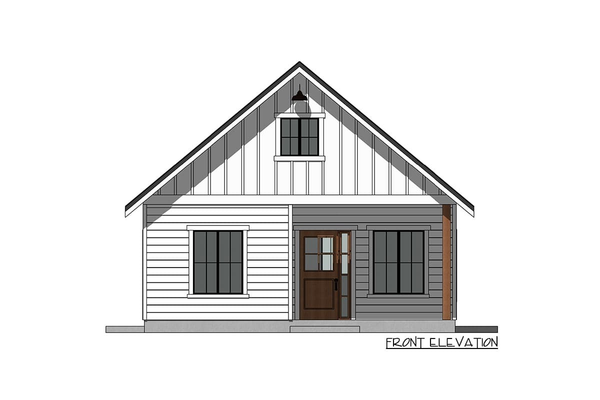 Front elevation drawing of a one-story house with a gabled roof, board and batten siding, and a covered entry.