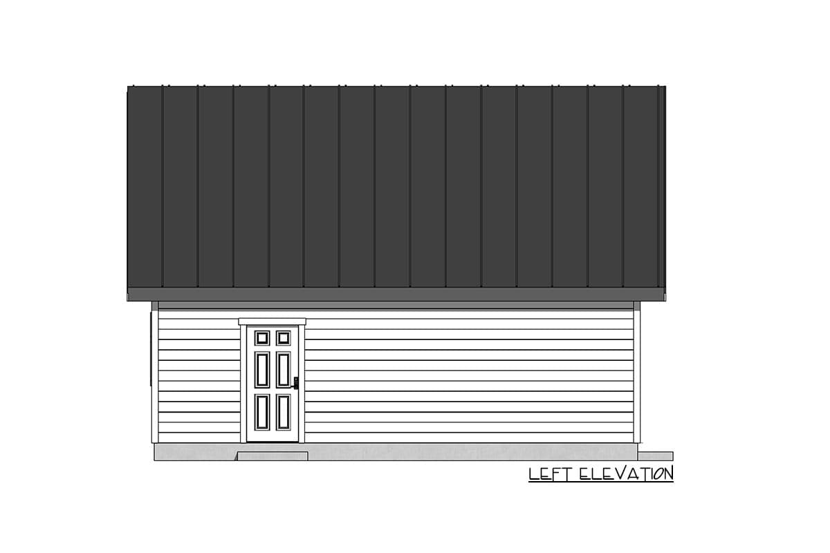 Left elevation drawing of a house with horizontal siding, a standing seam metal roof, and a door with four panes.