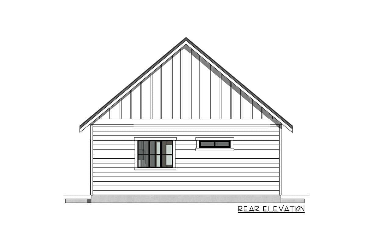 Rear elevation drawing of a single-story house plan with horizontal siding, a gable roof, and two windows.