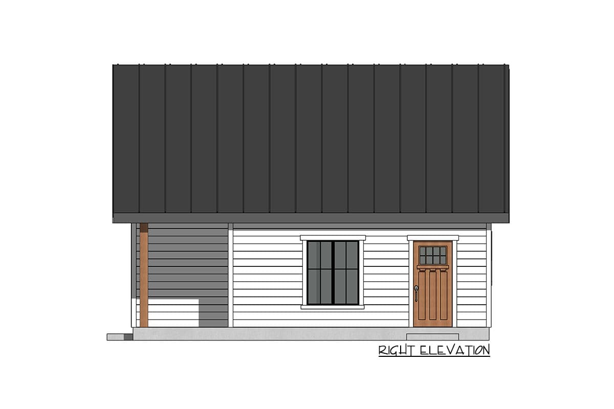 Right elevation house plan drawing showing a dark metal gable roof, wood siding, a single window, and a wooden door.
