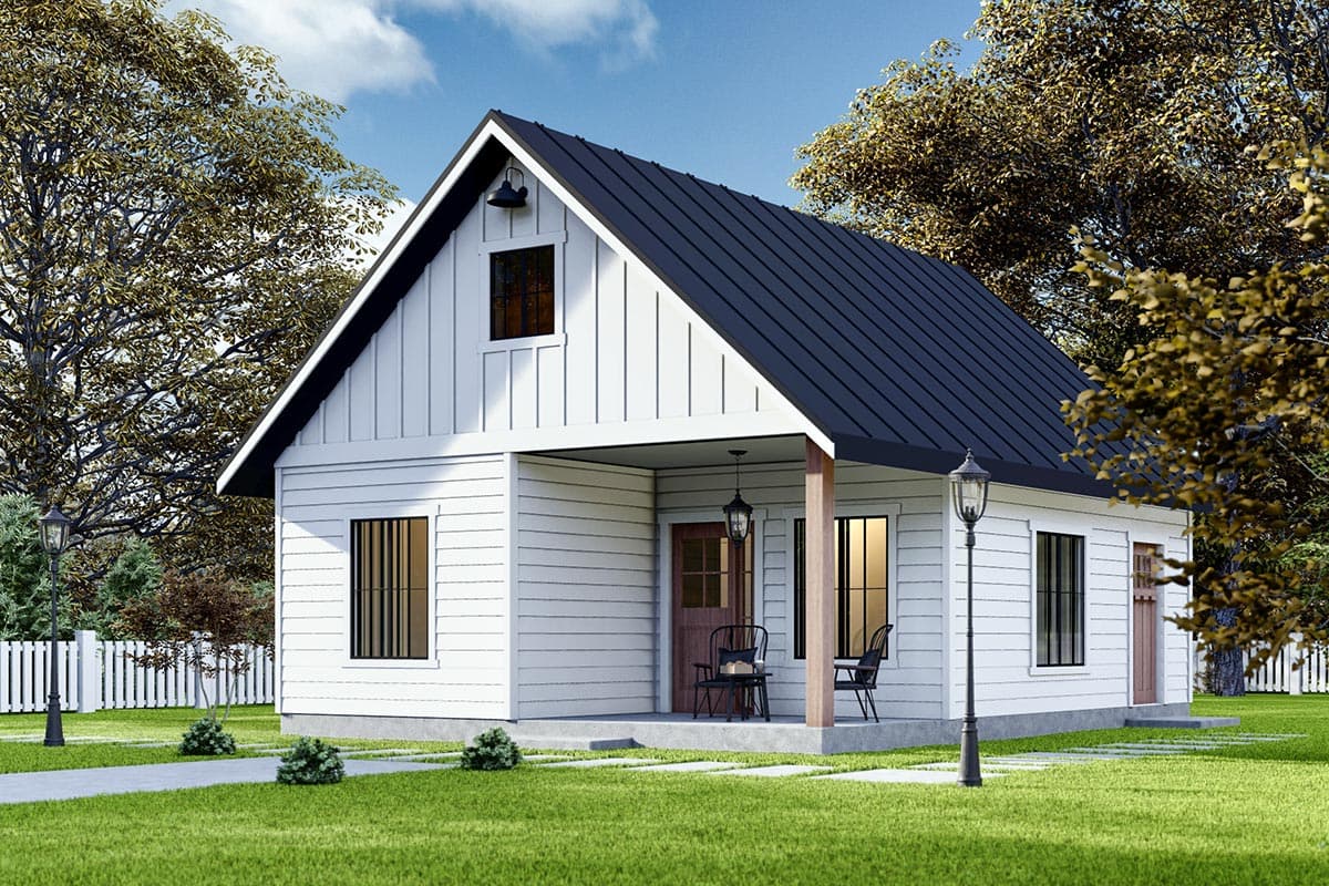 House plan exterior with board and batten siding, a gabled roof, and a covered front porch supported by columns.