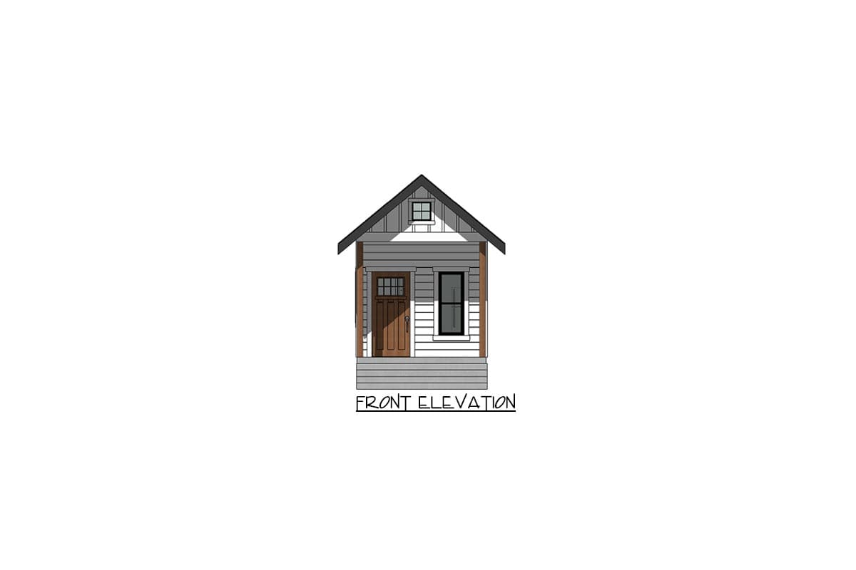 Front elevation drawing of a small house with a gable roof, porch, wood door, and one window.