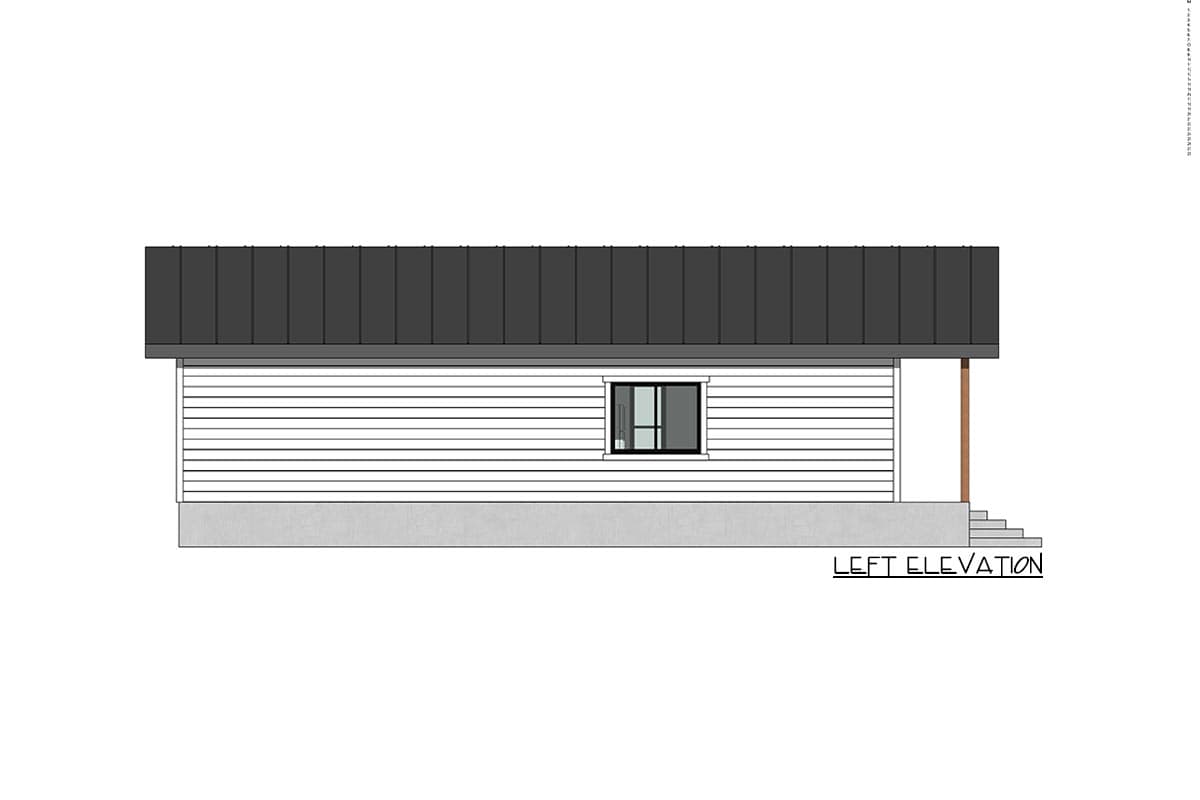 Left elevation house plan showing horizontal siding, a single window, and a standing seam metal roof.