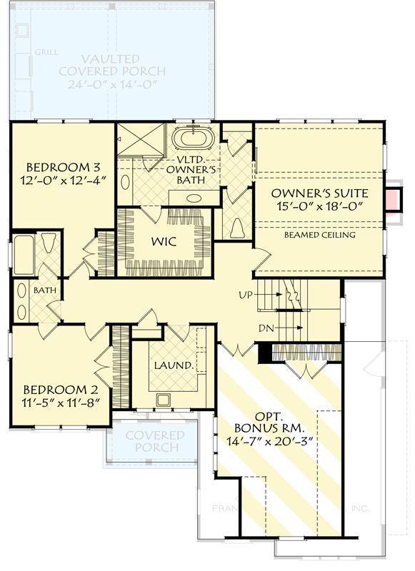 Plan 710417BTZ: 3-story Craftsman with Open Floor Plan - Floor Plan - Second Floor with Optionally Finished Bonus Room - Cottage, Country, Craftsman, New American, Traditional