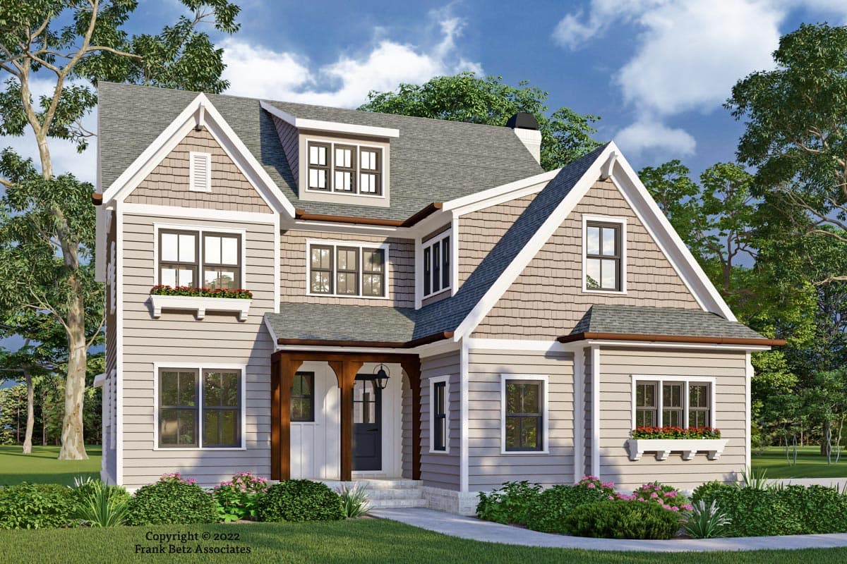 House plan exterior. Two-story Craftsman home with gabled roof, shake siding, dormers, and a covered porch with exposed beams.