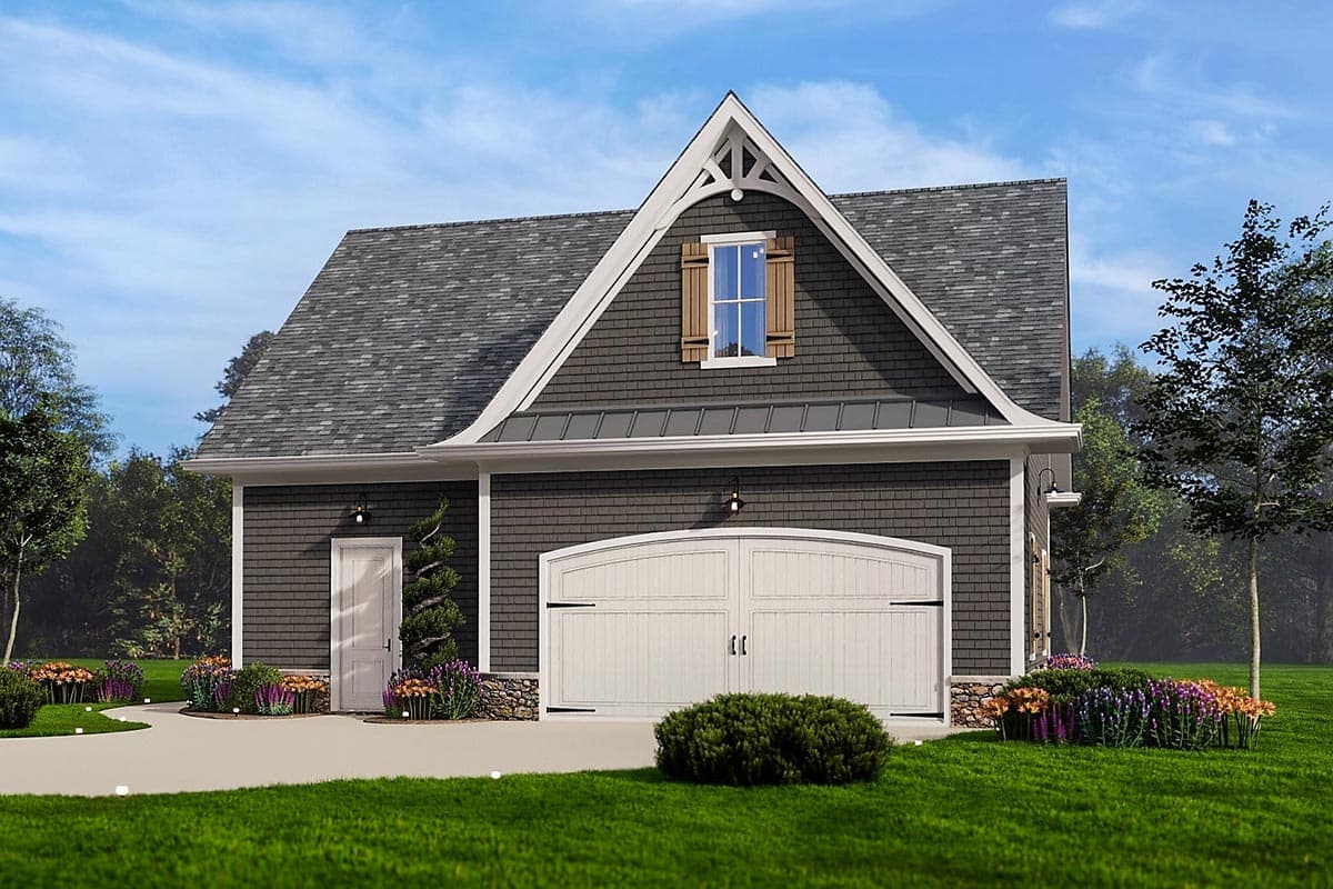 House plan exterior, two-story garage with decorative gable, stone accents, and arched carriage doors.
