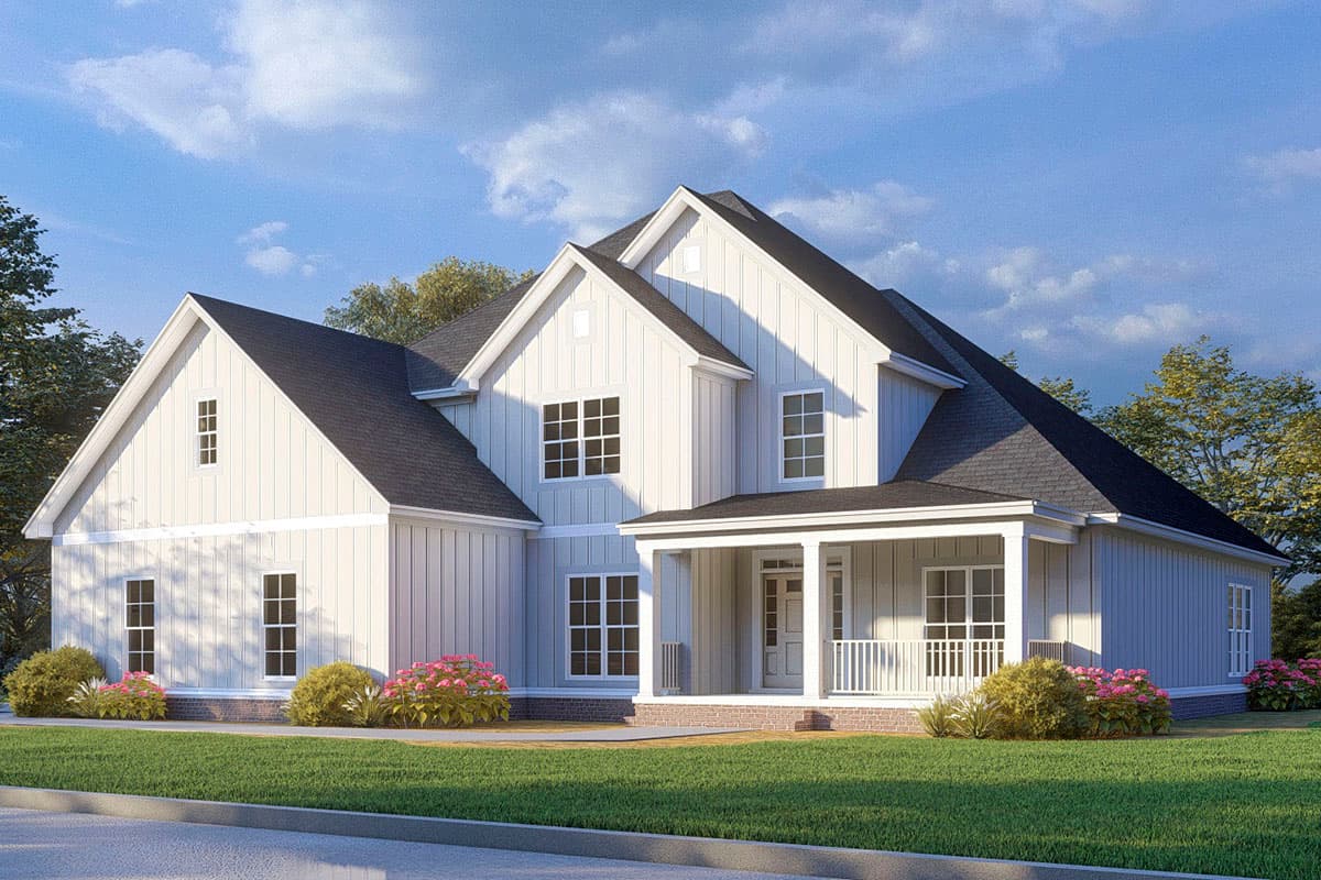 House plan exterior. Two-story Modern Farmhouse with gabled roof, front porch, and vertical siding. Features dormers and symmetrical window placement.