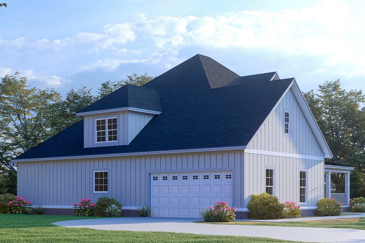 House plan exterior with board and batten siding, dormer, and attached two-car garage.